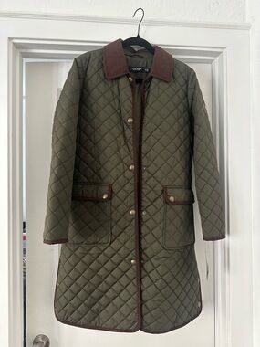 Lauren Ralph Lauren Olive Quilted Long Puffer Coat with Brown Trim